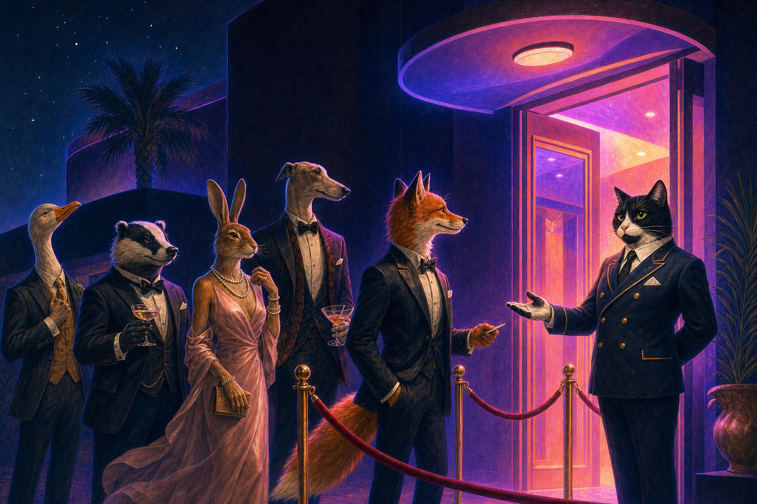 Glamorously dressed animals welcomed to the CURA Founding Members Club by Daphne the cat